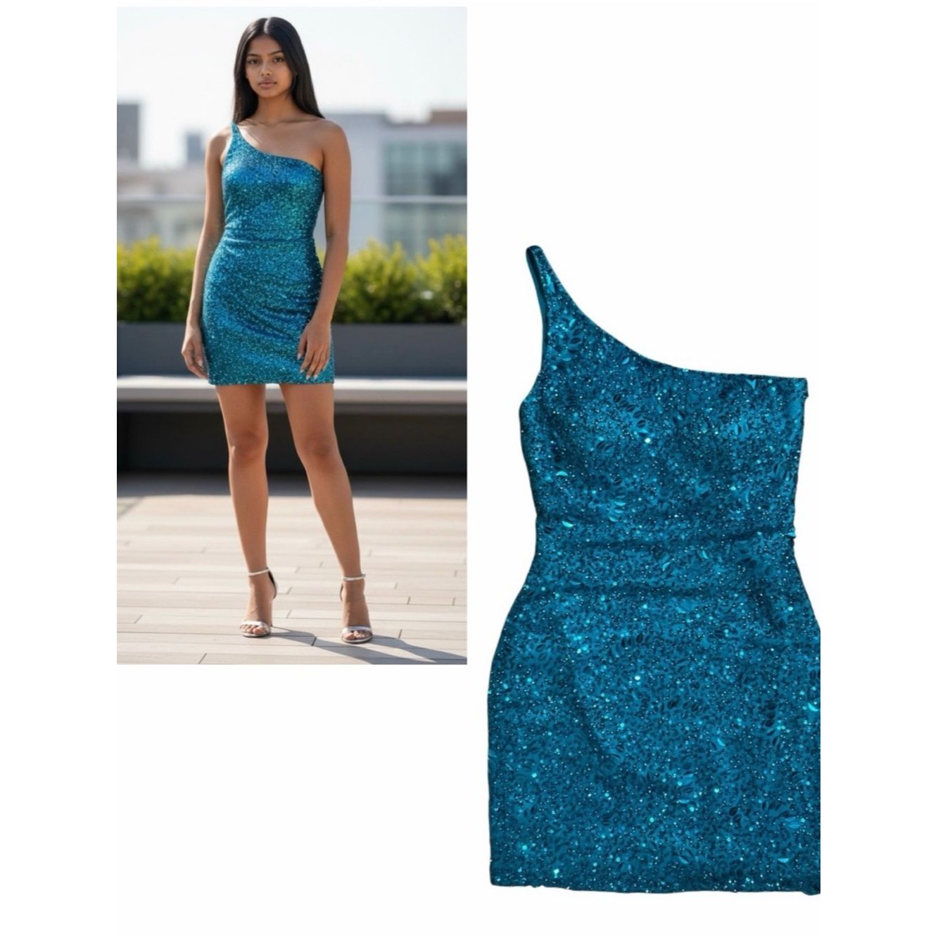 Scala Vintage Teal Beaded Sequin One Shoulder Silk Mini Dress 6